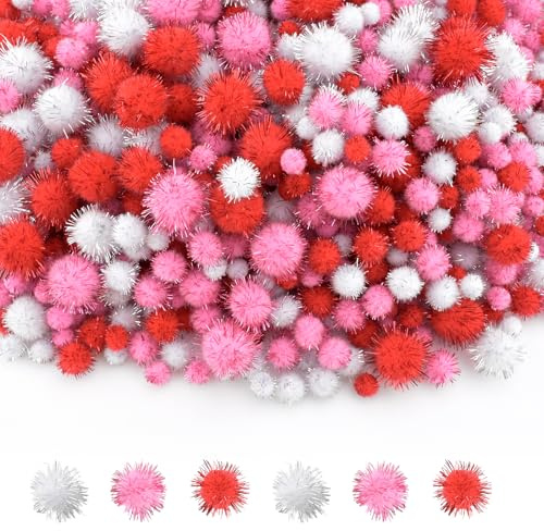 NACHLYNN Lot de 1 000 pompons à paillettes en vrac - 4 tailles assorties - Doux et moelleux - Pour travaux manuels, décoration, activités - Avec sac de rangement (série rose)
