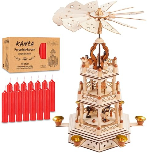 BRUBAKER Christmas Pyramid incl. Pack of 50 Red Candles - Three Level Rotating Carousel with Hand-Painted Wooden Figures - 17.3 inches (44 cm) Holiday Decoration - Natural Finish
