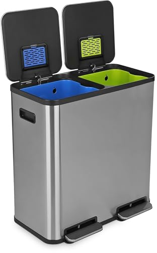 SIMPLI-Magic 21 Gallon (80L) Dual Compartment Kitchen Trash Can - Hands-Free Step Pedal, Soft-Close Lid, Stainless Steel Recycling Bin with Odor Filter (40L + 40L)