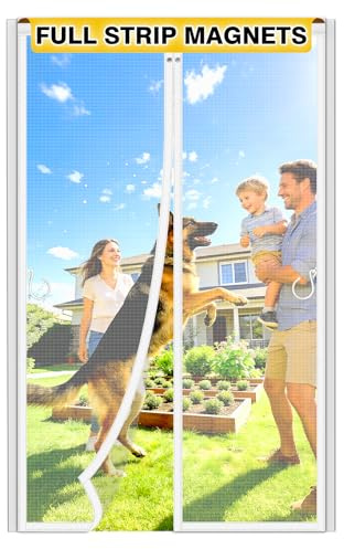 Magnetic Fly Screen Door with Full-Length Magnets NO Gap Auto Closes, Fiberglass Mesh Screen Curtain to Stop Flies, No Drill Installation for Patio Exterior Doors (120x220cm, White)