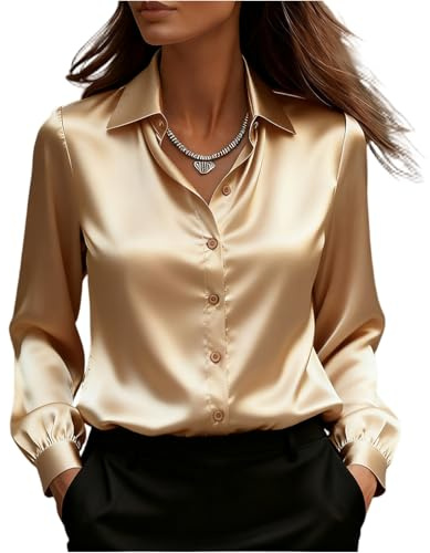 Chemisier Femme Chic Et Élégant Chemise Satin Ajusté Confortable Manches Longues Plissées Légèrement Col Chemise Boutons Haut pour Travail Bureau Élégant