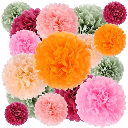 BestoFun 16 Stück Weinrot Salbeigrün Seidenpapier Pompoms Deko Orange Rosa Pompons Deko für Hochzeit Tischdeko Geburtstagsdeko Party Gartenparty