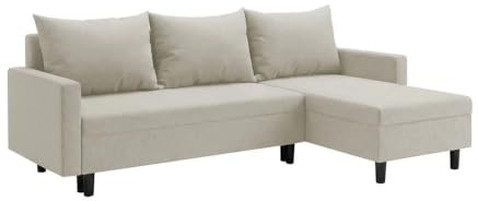 FORNIRO 24 Oslo Ecksofa Beige Wohnzimmer Couch Schlafsofa Polstersofa | Mit Schlaffunktion & Bettkasten - L-Form - Kissen - Stoff Komfort | ausziehbar Gäste bequem Stauraum Design hochwertig robust