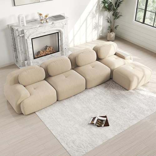 Luscriate Boneless Sofa L-Form Schlafsofa Modular – Niedriges Cloud Couch ohne Montage, Cloud Polstersofa aus Cord, weiche Couch mit Ottoman, Beige 4-Sitzer+1 (Beige, H-4S+1)