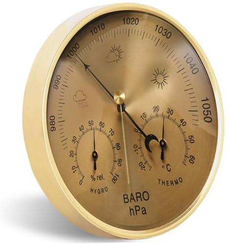 Barometro, indicatore meteorologico meccanico 3 in 1 da 5, 2 pollici - con termometro igrometro per interni ed esterni (Oro)