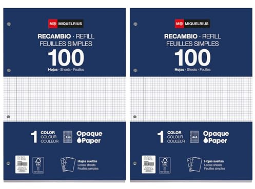 Miquelrius - Nachfüllblätter, 200 lose karierte Blätter 4 mm, opakes Papier 90 g/m², gelochte A4-Nachfüllblätter für Ringordner oder Ordner, Schulmaterial für den Schulanfang