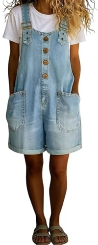 Denim Dungarees for Women UK Loose Fit Sleeveless Casual Short Overalls Adjustable Straps Bib Shortalls Cotton Stretch Washed Distressed Vintage Playsuits with Front Pockets Maternity Jumpsuit