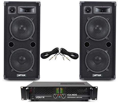 VONYX Max Dual 10 Inch Passive DJ Speakers 1500W Amplifier Set - Complete 3-Way PA Sound System for Mobile DJs, Karaoke, Club & Event Audio Setup