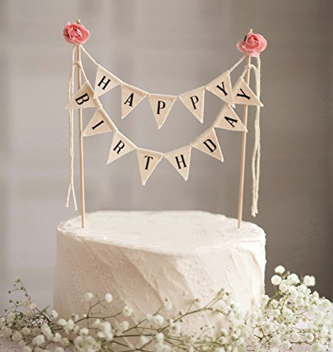DIVISTAR „Happy Birthday“-Kuchen-Wimpelkette mit Holzstab und Rosen, handgefertigte Kuchendekoration, Elfenbeinfarben/Rosa