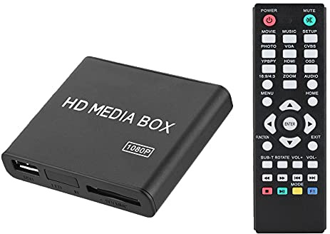 1080p HD Media Player, Mini MP4 Digital Media Player with AV/HDMI/VGA/YPbPr/H.263/Mpeg1/2/4-HD Output w/Remote Control Supports SD Cards USB Drives Devices (US Plug)