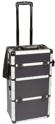 Perel Mallette à outils vide, mallette rigide trolley, valise rangement, valise outils vide, poignée télescopique, 3 compartiments, verrouillage par clé, 2 clés, aluminium, noir, 370 x 225 x 670 mm