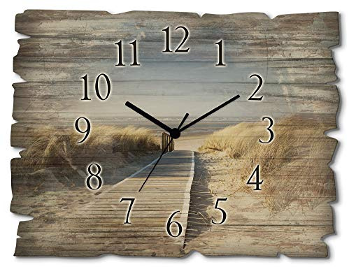 ARTLAND Wanddeko Wanduhr ohne Tickgeräusche aus Holz Quarzuhr 40x30 cm Rechteckig Lautlos Strand Meer Nordseestrand Nordsee Maritim T5RM