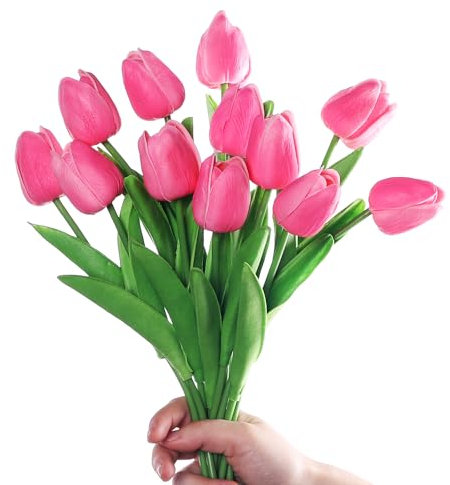 huaao 12pcs Künstliche Tulpen Real Touch Latex Gefälschte Tulpen Blumen Blumensträuße Blumen Arrangement für Home Room Hochzeitsstrauß Party Herzstück Dekor Rosa