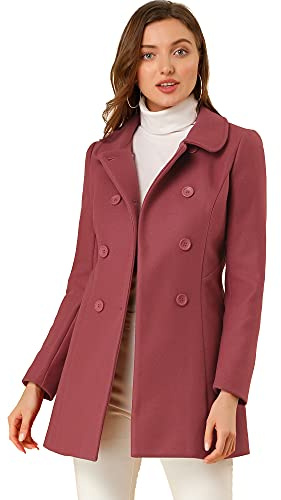 Allegra K Damen Mantel mit Peter-Pan-Kragen, zweireihig, Winter, langer Trenchcoat, dunkelrosa, L