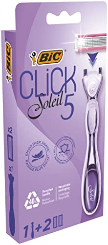 BIC Click 5 Soleil – Wiederaufladbarer Damenrasierer mit 5 Klingen und schwenkbarem Kopf und Gleitstreifen für eine präzise und komfortable Rasur – 1 Griff + 2 Nachfüllpackungen