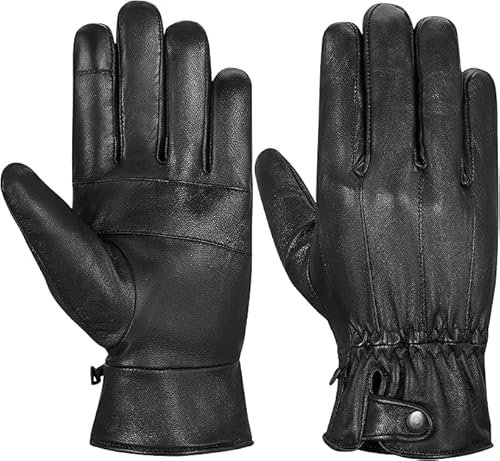 Men’s Leather Gloves with Touchscreen, Warm Fleece Lining, Sheepskin for Cold Weather, Anti-Slip, Great for Driving & Outdoors, Classic Black Gloves Medium