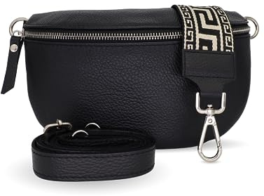 Bella Blossom Bauchtasche Damen, Umhängetasche aus 100% Echtleder, Elegante Crossbody-Bag mit gemusterten & verstellbaren Schultergurt, Schultertasche für jeden Anlass Schwarz4 M