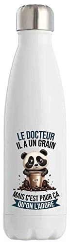 Planetee Bouteille isotherme Le Docteur Panda Café - Idée Gourde Cadeau Travail Métier Sport Humour Collègue Homme Anniversaire Noël