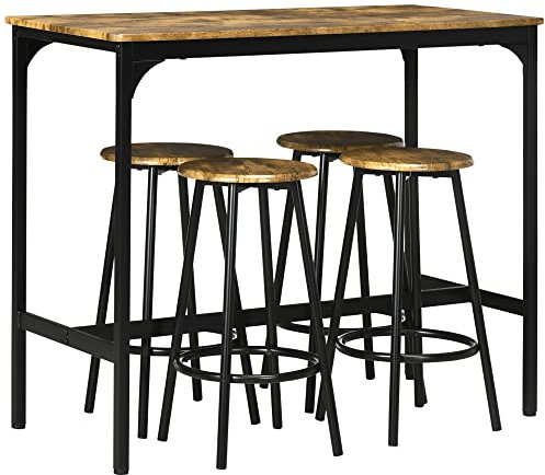 HOMCOM Conjunto de Mesa Alta de Bar y 4 Taburetes Mesa Alta de Cocina con Taburetes Estilo Industrial Marco de Metal para Salón Marrón Rústico