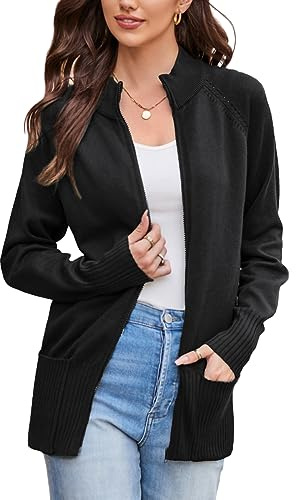 GRACE KARIN Long Sleeve Black Cardigan Sweaters for Women with Pockets Knit Zip Up Sweater Fall Fashion Jacket Coat M