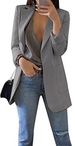 YMING Blazer De para Mujer Elástico Manga Larga Color Liso con Frente Abierto Blazer De Trabajo Gris M