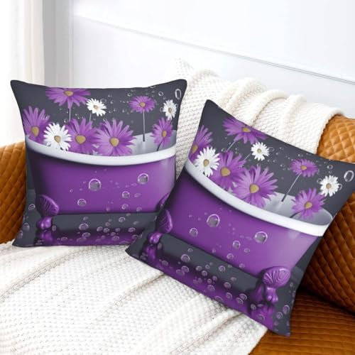 BTCOWZRV Kissenbezüge, 2-seitiges Plüschkissen, lila, Badewanne, Gänseblümchen, quadratischer Kissenbezug für Sofa, superweicher Kissenbezug für Wohnzimmer, Kissenbezüge für Bett, Auto, 50,8 x 50,8 cm