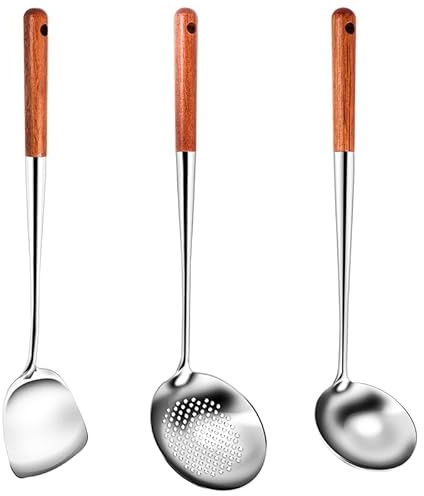 Littlecatch Wok Spatula and Ladle, Kitchen Utensil Set Skimmer Ladle Tool Set, 17Inches Spatula for Wok, 304 Stainless Steel Soup Ladle Set with Long Heat Wood Handle