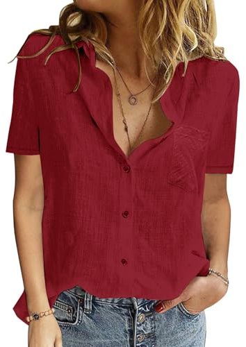 PASUDA Camicia Donna Estiva Camicetta da Donna Manica Corta Cotone Elegante Blusa Maglietta Scollo a V Top con Bottoni Moda Casual T Shirt Tinta Unita Classico Maglia Tees (Vino Rosso, L)