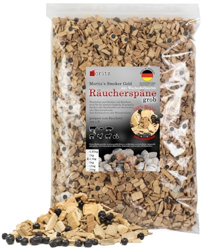 Moritz 2,5 kg di trucioli di faggio con ginepro grosso 6 – 12 mm, affumicatura a freddo di pesce, carne, formaggio, verdure, anche per barbecue, barbecue – farina affumicata