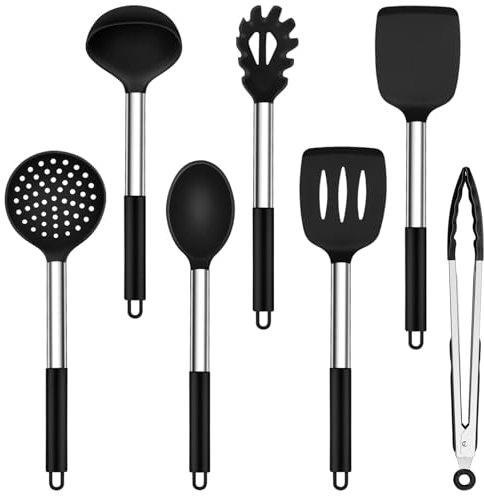 Onader Set di 7 utensili da cucina in silicone, con manico in acciaio inox, antiaderente, sicuro per pentole, resistente al calore e lavabile in lavastoviglie, colore: nero