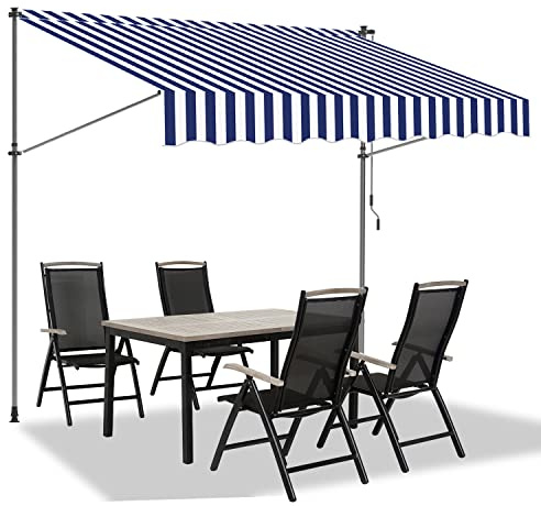 Eulenke Klemmmarkise Balkonmarkise 350 cm breit, Markise ohne Bohren mit Handkurbel, UV-beständig, Sonnenschutz und Wasserdicht, Blau Weiß