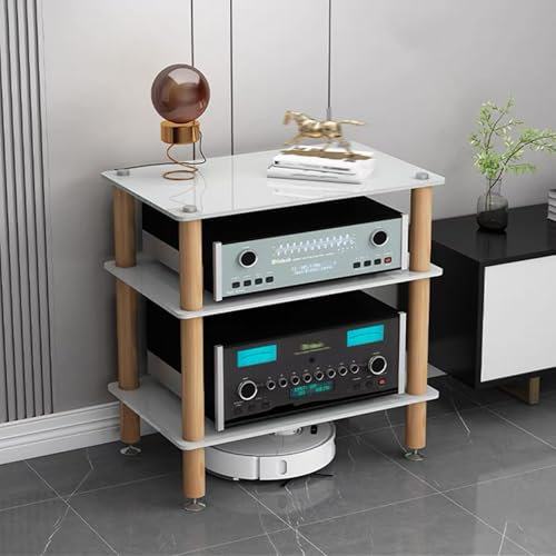 GUAWJRZDP Rack Audio, Rack Hi Fi con Pannello In Vetro Temperato, Mobile Stereo Hi Fi Rack Hi Fi, Mobiletto Stereo con Piedini Ammortizzanti, Cabinet Audio Hi Fi Aperto, con Colonne In Legno(White+woo