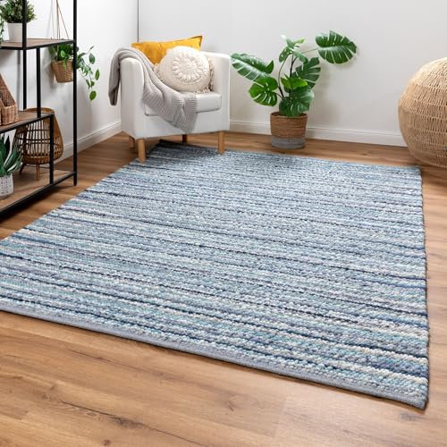 Steffensmeier Handweb Teppich Schwansee | Schurwolle | mit Fusselstopp | Blau, handgewebt, Größe: 70x140 cm Wohnzimmer und Schlafzimmer