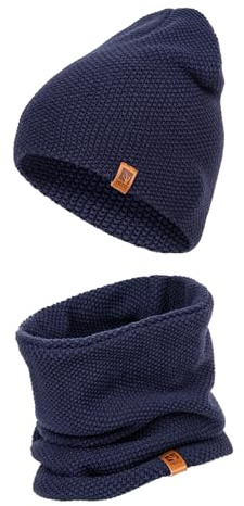 HEYO Herren Mütze Schal Set, gestrickte Wintermütze mit Schlauchschal, Warm Winterset HZ0013 (Blau)