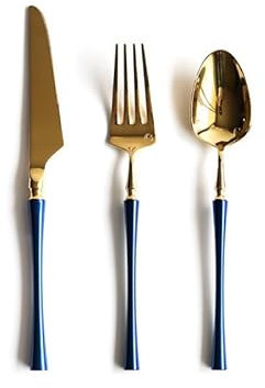 WYRMB Ensemble de Couverts en argenterie, Couteau de Table Principal, Fourchette et cuillère en Acier Inoxydable 304 rétro Bleu doré Miroir.Blue Gold-36 Pieces for 1