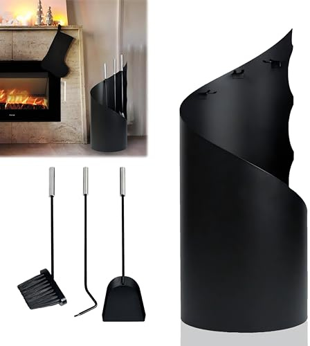QEENTOE Serviteur de cheminée 4 pièces en acier inoxydable avec support, pelle à cendres, balai et tisonnier – Accessoires modernes pour cheminée et nettoyage de cheminée