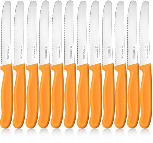 targzier Frühstücksmesser 12 Stück,Wellenschliff,Orange Messer | Rostfreier Stahl Klinge 11cm,Polypropylen Griffe Brotmesser klein,Scharfe Messer Set,Spülmaschinenfest Tafelmesser