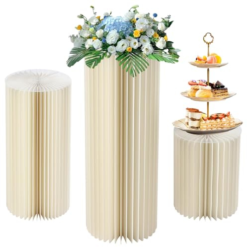 Rouloudun 3 Pcs Cylinder Pedestal Stand Elegant White Cardboard Cylinder Stands Foldable Reusable Wedding Dessert Cake Stand with Acrylic Lid for Anniversary, Christmas Displays 11/15/19 In Dia.
