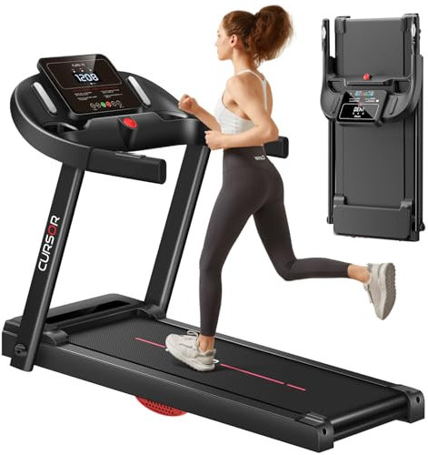 CURSOR FITNESS Folding Treadmill with 16% Adjustable Incline for Home, 2.5HP Quiet Brushless Motor, 265LBS Capacity, 12KM/H Foldable Walking Running Treadmills Machine with Pulse Sensor & LCD Display