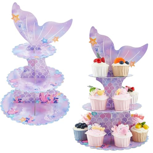 DICOSMETIC 2Pcs 3 Tier Mermaid Cupcake Stand Paper Dessert Tower Display Cardboard Cupcake Holder Mermaid Theme Cake Holder for Birthday Celebration Party Supplies and Decorations