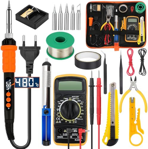 BILIPLE Saldatore Kit, 90W Saldatura a Stagno Professionale con 5 Punte, Temperatura Regolabile 180-480°C, 20 in 1 Set di Saldatori con Pompa Dissaldante, Pinzetta, Multimetro Digitale, Supporto