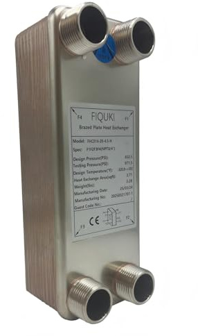 FIQUKI 3x8 20 Plates SS316L/Copper Brazed Plate Heat Exchanger with 3/4 MPT Port - Water to Water for Water Heating, Floor Heating, Snow Melting, Industrial & Commercial Refrigeration(FHC014-20)