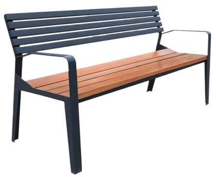 Outdoor-Terrassenbank mit Rückenlehne und Armlehnen, Dreisitzer, Stahlrahmen mit Holzlatten, ideal für Zuhause, Balkon, Garten und Gemeinschaftslounge (XL)