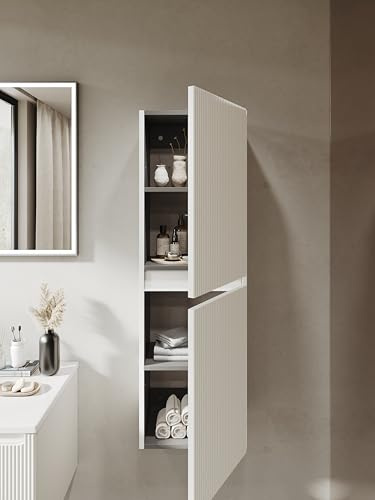 BRIDGE BENO Högt Badrumsskåp Med Justerbara Hyllor, Mjukstängande Och Räfflad Front – 35x110x25 cm – Vänster/höger Monterbar – Vit Matt