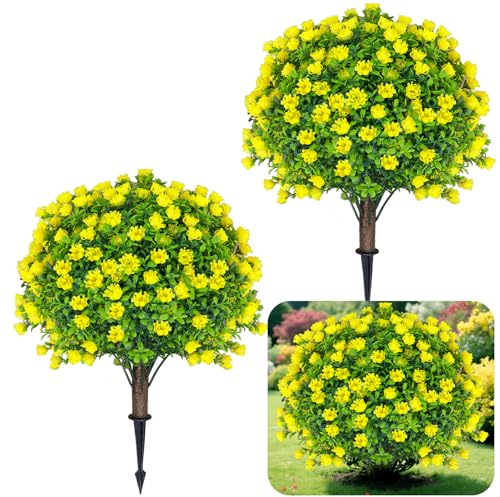 FUHSY Artificial Topiary Ball Trees with Yellow Flowers Set of 2 Artificial Boxwood Shrubs with Ground Spike 25'' Fake Evergreen Topiary Plants UV Resistant for Indoor Outdoor Front Porch Garden