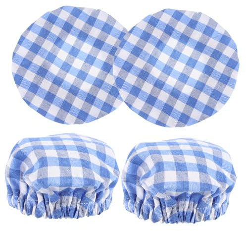 Ipetboom Reusable Plaid Cloth Jar Covers for Sourdough Starter and Bread Proofing, Stretchy Food Bowl Covers for Glass Jars, Dustproof Blue Checkered Fabric Lid Set 4pcs for Home Baking