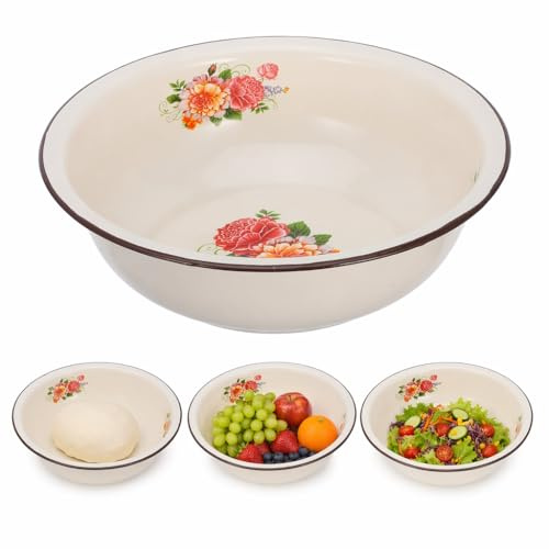 Hemobllo Emaille Schüssel 30cm - Vintage Rührschüssel mit Blumenmuster - Große Retro Waschschüssel für Teig, Obst & Salate - Kratzfeste Emaille-Schale im Landhausstil (Beige) | Kratzfeste Emaille, rustikaler Landhausstil, ideal für Teig, Obst und Salate, vielseitige Retro-Waschschüssel