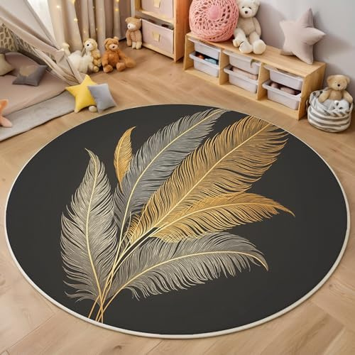 ALTCIRNMD Tappeti Rotondi Per Soggiorno 120Cm Oro Cenere Piume Di Palma Lavabile E Antiscivolo In Tappeto Arte Elegante Per Ufficio Adatto A Soggiorno Ingresso E Camera Da Letto