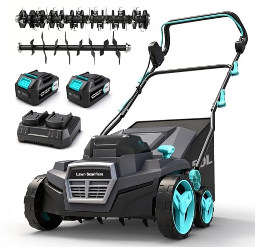 BLUEMARS Escarificador y aireador de césped inalámbrico de 40 V, rastrillo eléctrico y rastrillo para césped, recogedor de césped de 50 L, ancho de trabajo de 38 cm, 2 baterías de 20 V y cargador