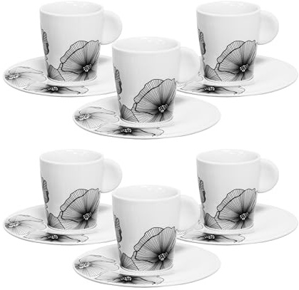 simpa Porcelain Coffee Cup 150ml & Saucer Set of 6 Featuring Monochrome Papaver Bloom Detailing - Dishwasher & Microwave Safe.